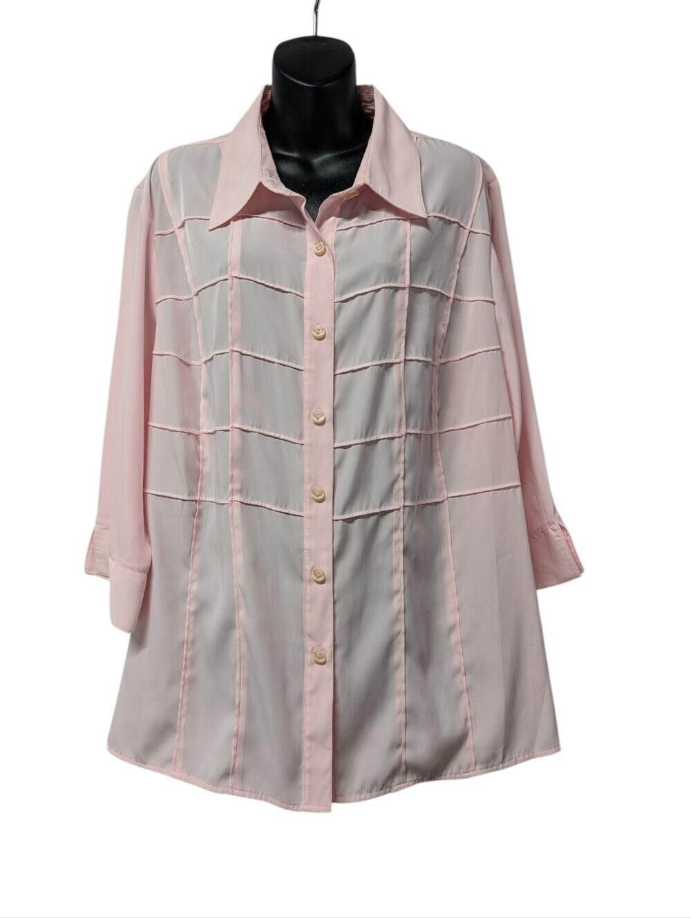 Cathy Che Pink Grid Button Down Blouse 18/20W Plus Sz 3/4 Sleeve Collared Shirt